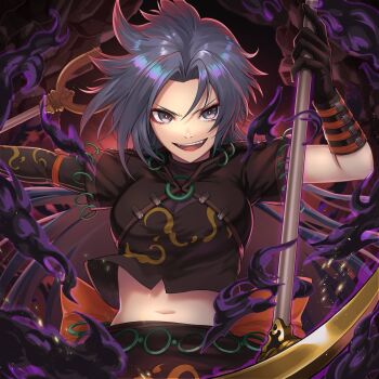 1girl album_cover arm_ribbon arm_up back_bow black_gloves black_shirt bow cover crop_top gloves grey_eyes grey_hair highres himemushi_momoyo holding holding_pickaxe holding_shovel jewelry lips long_hair looking_at_viewer messy_hair midriff navel o-ring open_mouth orange_bow orange_ribbon orange_sash parted_bangs pickaxe re_(re_09) ribbon ring second-party_source serious shirt short_sleeves shovel skirt skirt_set solo stomach strap teeth toenails toes tongue touhou upper_body upper_teeth_only