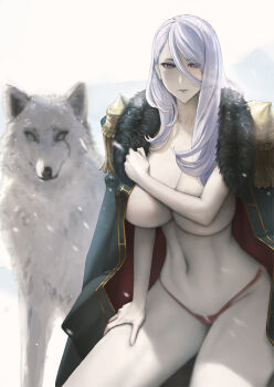 1girl black_coat breasts coat coat_on_shoulders cowboy_shot crymaria_levin epaulettes eu03 fur-trimmed_coat fur_trim gold_trim hair_between_eyes huge_breasts long_hair long_hair_between_eyes looking_at_viewer pale_skin panties purple_hair red_panties senjou_no_valkyria_(series) senjou_no_valkyria_4 solo underwear white_background wolf yellow_eyes