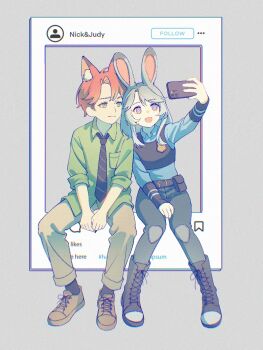 1boy 1girl animal_ears awsj7858 black_boots black_necktie black_pants blue_shirt boots brown_shoes collared_shirt commentary_request fox_boy fox_ears green_eyes green_shirt grey_hair grey_pants humanization judy_hopps long_hair necktie nick_wilde open_mouth orange_hair pants police police_uniform policewoman purple_eyes rabbit_ears rabbit_girl selfie shirt shoes short_hair sitting smile zootopia