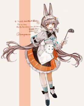 1girl animal_ears apron arknights black_footwear brown_hair commentary_request frilled_skirt frills full_body grey_shirt highres holding holding_ladle ladle long_hair long_sleeves looking_at_viewer open_mouth orange_eyes orange_skirt pomopomoinu rabbit_ears red_background shirt skirt smile socks solo translation_request twintails twitter_username two-tone_background warmy_(arknights) white_apron white_background white_headdress white_socks