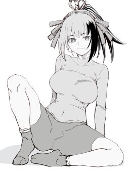 1girl bike_shorts breasts commentary_request covered_navel hair_ornament highres karukaya_gekka long_sleeves looking_at_viewer minorun9 monochrome multicolored_hair nue_no_onmyouji pants ponytail ribbon shorts smile socks solo spread_legs streaked_hair symbol-shaped_pupils tight_clothes tight_pants turtleneck two-tone_hair