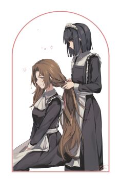 Rule 34 | 2girls, alternate costume, apron, ascot, black hair, blue eyes, blunt bangs, blunt ends, brown hair, closed mouth, commentary request, enmaided, highres, inset border, invisible chair, limbus company, long hair, maid, maid apron, maid headdress, multiple girls, project moon, rodion (project moon), ryoshu (project moon), signature, simple background, sitting, smile, standing, te4 p0t, tying another's hair, very long hair, white ascot, white background
