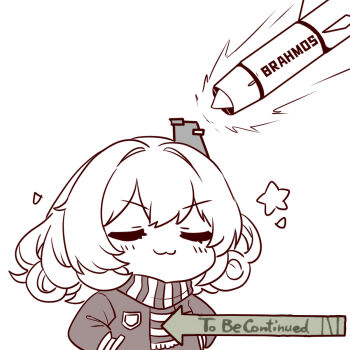 &gt;:) :3 aircraft airplane blush chibi chibi_only closed_eyes closed_mouth curly_hair f-16_fighting_falcon hair_between_eyes hair_intakes hand_in_pocket highres horns jacket long_eyelashes mechanical_horns medium_hair meme missile motion_lines original personification pj-10_brahmos scarf sidelocks simple_background star_(symbol) striped_clothes striped_scarf thick_eyelashes to_be_continued upper_body v-shaped_eyebrows white_background wucandan_de_gangtanke