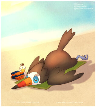 artist_name beach beak bird blue_eyes bluesky_username commentary day english_commentary fishcrow gen_7_pokemon highres lying nintendo no_humans on_stomach outdoors pokemon pokemon_(creature) pokemon_focus sand solo trumbeak tumblr_username watermark web_address