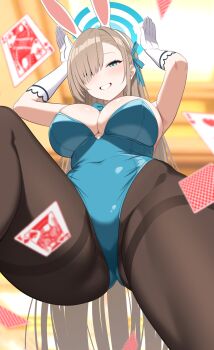 1girl absurdres animal_ear_hairband animal_ears asuna_(blue_archive) asuna_(bunny)_(blue_archive) black_pantyhose blue_archive blue_bow blue_bowtie blue_eyes blue_halo blue_leotard bow bowtie breasts brown_hair card commentary_request detached_collar fake_animal_ears from_below grin hair_over_one_eye hairband halo highres king_(playing_card) king_of_spades large_breasts leotard pantyhose playboy_bunny playing_card queen_(playing_card) queen_of_diamonds rabbit_ears rabbit_pose siguren126 smile solo strapless strapless_leotard thighband_pantyhose