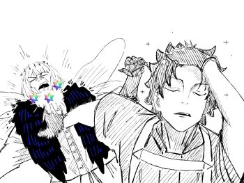 2boys adjusting_hair cape chaldea_uniform closed_eyes dragonfly_wings fate/grand_order fate_(series) fujimaru_ritsuka_(male) fujimaru_ritsuka_(male)_(polar_chaldea_uniform) fur-trimmed_cape fur_trim gat0w gloves greyscale hand_in_own_hair highres long_sleeves male_focus meme monochrome multiple_boys naoya_hitting_choso_without_looking_(meme) oberon_(fate) oberon_(third_ascension)_(fate) open_mouth rapid_punches saint_quartz_(fate) scene_reference short_hair smear_frame sparkle spot_color