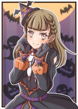 1girl bat_background black_gloves black_hat black_jacket black_skirt blurry blurry_background border braid brown_hair commentary_request cowboy_shot ganbarai gloves halloween hat jacket kachimachi_kosuzu link!_like!_love_live! long_sleeves looking_at_viewer love_live! mini_hat mini_witch_hat multicolored_eyes neck_ribbon official_alternate_costume outline outside_border pink_eyes purple_ribbon raised_inner_eyebrows ribbon side_braids skirt solo tilted_headwear trick_&amp;_cute_(love_live!) two-tone_eyes virtual_youtuber white_border white_outline witch_hat yellow_eyes