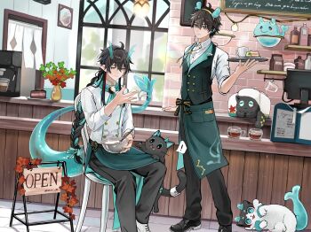 2boys absurdres alternate_costume alternate_hairstyle animalization aqua_eyes black_hair black_pants black_shoes black_vest bowl braid braided_ponytail brick_wall cafe cake cake_slice cash_register cat chair chef closed_mouth coffee coffee_mug commentary_request counter critter_pick_(honkai:_star_rail) cup dan_heng_(honkai:_star_rail) dan_heng_(imbibitor_lunae)_(honkai:_star_rail) dan_heng_(rice_dumpling)_(honkai:_star_rail) dragon_boy dragon_horns dragon_tail espresso_machine eyeliner food foot_out_of_frame green_horns hair_between_eyes hand_up highres holding holding_bowl holding_tray honkai:_star_rail honkai_(series) horns indoors long_hair looking_at_viewer makeup male_focus mixing_bowl mug multicolored_hair multiple_boys multiple_persona on_chair pants person_and_animalization plant pointy_ears potted_plant red_eyeliner sandwich shiraiyu327 shirt shoes short_hair sitting smile standing tail tray two-tone_hair vest waiter whisk white_shirt white_shoes window
