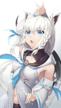 1girl absurdres animal_ear_fluff animal_ears aqua_eyes aqua_neckerchief aqua_trim arm_up black_shorts braid breasts collarbone commentary detached_sleeves double_fox_shadow_puppet fox_ears fox_girl fox_shadow_puppet highres hololive long_hair long_sleeves looking_at_viewer medium_breasts navel neckerchief open_mouth shirakami_fubuki shirakami_fubuki_(1st_costume) shirt shorts side_braid sideboob simple_background sleeveless sleeveless_shirt solo tsutsumikisaki very_long_hair virtual_youtuber white_background white_hair