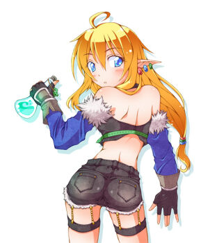 1girl ahoge ass back black_gloves black_shorts black_tube_top blonde_hair blue_eyes blue_sleeves blush borrowed_character closed_eyes commentary_request cowboy_shot detached_sleeves earrings erlenmeyer_flask fingerless_gloves flask from_behind fur-trimmed_sleeves fur_trim gloves jewelry long_hair looking_back open_mouth pointy_ears ragnarok_online saaki_(sa-ki) short_shorts shorts simple_background solo stalker_(ragnarok_online) strapless tube_top white_background