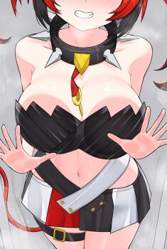 1girl absurdres against_glass bare_shoulders belt black_belt black_collar black_hair black_skirt black_tube_top blush breast_press breasts breasts_on_glass cleavage collar collarbone colored_tips eyes_out_of_frame facing_viewer grin hakos_baelz hakos_baelz_(1st_costume) hand_on_glass head_out_of_frame highres hololive hololive_english large_breasts long_hair miniskirt mouse_girl mouse_tail multicolored_hair multicolored_skirt navel nobarts red_hair red_skirt red_tail skirt smile solo spiked_collar spikes strapless tail thigh_strap thighhighs tube_top twintails uneven_twintails virtual_youtuber white_skirt