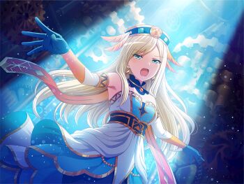 1girl aqua_eyes blonde_hair blue_gloves dress earrings game_cg gears gloves hat jewelry long_hair looking_at_viewer official_art outstretched_arms shoujo_kageki_revue_starlight shoujo_kageki_revue_starlight_-re_live- sleeveless sleeveless_dress solo spotlight standing strapless strapless_dress tarot temperance_(tarot) upper_body white_dress yumeoji_fumi