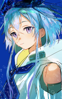 Rule 34 | 1boy, arknights, blue background, blue hair, blue hat, bubble, choker, hat, highres, image sample, light smile, looking at viewer, male focus, mizuki (arknights), pixiv sample, purple eyes, solo, syakkotu