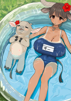 1girl absurdres animal animal_ears baby_animal bfmelu blush breasts brown_hair calf_(animal) collar cow cow_ears cow_girl cow_horns cow_tail day feet_out_of_frame flower from_above grass hair_flower hair_ornament highres horns huge_breasts long_eyelashes lying on_back original outdoors partially_submerged popsicle_stick relaxing school_swimsuit short_hair swept_bangs swimsuit tail wading_pool wet
