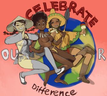 3girls :d african afro asian barefoot bikini black_hair bone_necklace boots bra braid breasts brown_hair china_dress chinese_clothes closed_eyes closed_mouth clothing_cutout dark-skinned_female dark_skin dress earth_(planet) english_text food grin hat highres holding holding_food holding_instrument holding_maracas holding_polearm holding_weapon instrument jewelry loincloth looking_at_viewer maracas medium_breasts medium_hair meme mossacannibalis mtv multiple_girls necklace nipples open_mouth original pelvic_curtain planet polearm poncho racism red_background revealing_clothes short_dress short_hair short_twintails side-tie_bikini_bottom side_slit sideboob smile sombrero spear swimsuit taco text_background thighhighs topless_female tribal twintails underwear weapon wonder_showzen