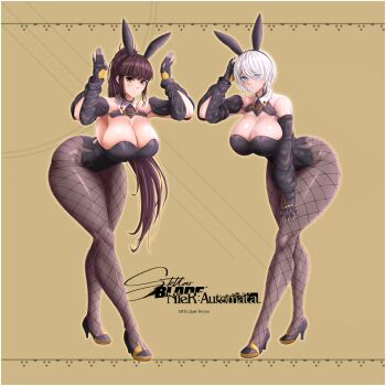 2b_(nier:automata) 2girls alternate_costume animal_ears black_gloves black_hair black_leotard blue_eyes breasts cleavage copyright_name crossover curvy eve_(stellar_blade) fake_animal_ears female_focus fishnet_pantyhose fishnets full_body gloves hairband high_heels highres huge_breasts leotard long_hair multiple_girls nier:automata nier_(series) pantyhose playboy_bunny rabbit_ears rabbit_pose stellar_blade strapless strapless_leotard thick_thighs thighs trait_connection white_hair wide_hips