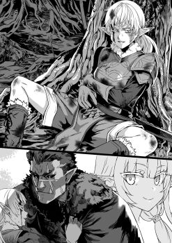 1boy 2girls against_tree armor asanagi azalea_(orc_eiyuu_monogatari) bash_(orc_eiyuu_monogatari) blood blood_on_face boots burn_scar elf gloves greyscale highres holding_own_arm injury monochrome multiple_girls novel_illustration official_art orc orc_eiyuu_monogatari outdoors parted_lips pointy_ears scar scar_across_eye scar_on_face scar_on_nose sheath sitting smile thunder_sonia tree tusks