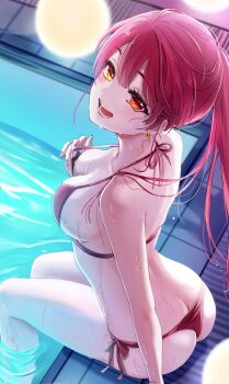 1girl absurdres bikini blush breasts butt_crack cleavage commentary_request halterneck heterochromia highres hinata_habi hololive houshou_marine long_hair medium_breasts nail_polish outdoors ponytail pool red_bikini red_eyes red_hair red_nails side-tie_bikini_bottom solo string_bikini swimsuit very_long_hair virtual_youtuber yellow_eyes