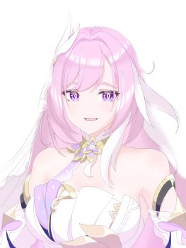 1girl absurdres bare_shoulders breasts commentary_request corset diamond-shaped_pupils diamond_(shape) elysia_(herrscher_of_human:_ego)_(honkai_impact) elysia_(honkai_impact) highres honkai_(series) honkai_impact_3rd korean_commentary large_breasts long_hair looking_at_viewer multicolored_hair nelelel pink_hair purple_eyes simple_background smile solo symbol-shaped_pupils triquetra two-tone_hair upper_body veil very_long_hair white_background white_corset white_hair white_veil