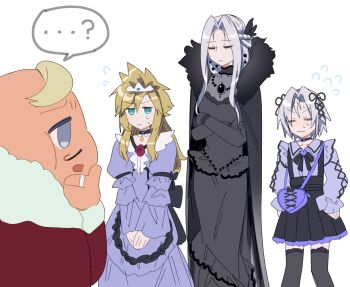 Rule 34 | ...?, 4boys, black dress, blue eyes, bow, closed eyes, cloud strife, cloud strife (ball gown), collar, crossdressing, crossdressing (mtf), crossed arms, don corneo, dress, earrings, final fantasy, final fantasy vii, final fantasy vii remake, frilled dress, frills, hair bow, heart, highres, implied yaoi, jewelry, jirai kei, keiseki1, long hair, multiple boys, official alternate costume, sephiroth, sephiroth (ever crisis), sketch, speech bubble, spiked hair, standing, sweatdrop, thighhighs, tiara, time paradox