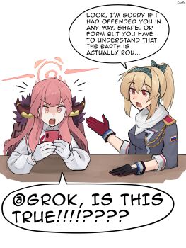 2girls absurdres aiguillette aru_(blue_archive) award_ribbon blonde_hair blue_archive bolt_action cellphone coat coat_on_shoulders commentary demon_horns elbows_on_table english_commentary flag_patch fur-trimmed_coat fur_trim gamryous girls&#039;_frontline gloves grok_(xai) gun hairband halo highres horns jacket long_hair long_sleeves military_uniform multiple_girls phone pink_hair pink_halo ponytail red_eyes ribbon_bar russian_flag school_uniform shirt shoulder_boards simple_background smartphone surprised sv-98_(girls&#039;_frontline) table talking twitter weapon white_background white_gloves white_shirt yellow_eyes