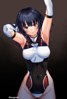 1girl :o agatsuma_kaede alice_gear_aegis aona_(anagasaki) armpits arms_up artist_name bare_shoulders black_eyes black_hair blunt_bangs blush breasts covered_navel cowboy_shot elbow_gloves gloves highres leotard long_hair looking_at_viewer medium_breasts parted_lips solo standing straight-on thighs watermark white_gloves white_leotard