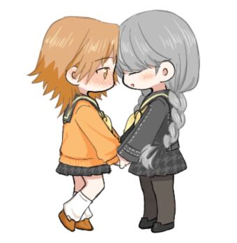 2girls aliasing black_shirt blush braid brown_eyes brown_hair cardigan closed_eyes commentary_request ebak_k3 forehead-to-forehead full_body genderswap genderswap_(mtf) grey_eyes grey_hair grey_skirt hanamura_yousuke heads_together holding_hands houndstooth long_hair looking_at_another multiple_girls narukami_yu open_mouth orange_cardigan pantyhose persona persona_4 school_uniform shirt short_hair simple_background skirt socks standing twin_braids white_background white_socks yasogami_school_uniform yuri