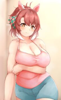 1girl animal_ears arm_under_breasts blue_shorts blush breast_lift breasts brown_eyes brown_hair camisole cleavage dantsu_flame_(umamusume) ear_covers hair_ribbon hairband hiyoko_18-gou horse_ears horse_girl huge_breasts level5ked multicolored_hair pink_camisole pink_hairband plaid_ribbon ponytail ribbon short_hair short_shorts shorts smile solo umamusume white_hair