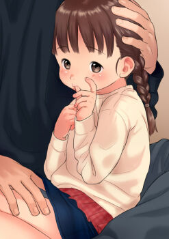 1boy 1girl age_difference black_hair blush braid censored clothes_lift embarrassed fingering flat_chest loli original shiratama_(pixiv_89836035) sitting sitting_on_lap sitting_on_person skirt skirt_lift tagme thighs