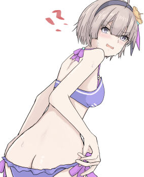 !? 1girl absurdres adjusting_clothes ahoge ass back bare_arms bare_shoulders bikini black_hairband blue_bikini blush bow bow_bikini breasts brown_hair butt_crack cowboy_shot embarrassed fang flower frilled_bikini frills from_behind grey_eyes grey_hair hair_between_eyes hair_flower hair_ornament hairband halterneck heaven_burns_red highres kaki. leaning_forward looking_at_viewer looking_back medium_breasts minase_sumomo official_alternate_costume open_mouth orange_flower pulling_own_clothes purple_bikini purple_bow purple_eyes purple_hairband purple_ribbon ribbon short_hair shoulder_blades side-tie_bikini_bottom simple_background skin_fang small_breasts solo standing sweat sweatdrop swimsuit v-shaped_eyebrows wavy_mouth white_background yellow_flower