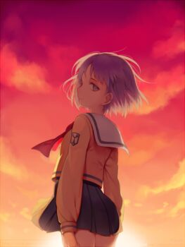 1girl blue_eyes blue_hair cowboy_shot dusk empty_eyes expressionless leaf_(studio) looking_at_viewer looking_back lowres neckerchief sailor_collar school_uniform serafuku shizuku_(game) short_hair skirt solo standing tsukishima_ruriko wataru_(eguru200) yellow_serafuku