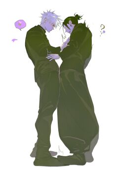 2boys ? black_pants black_shoes blue_eyes closed_mouth commentary crotch_rub ear_piercing from_below from_side full_body getou_suguru gojou_satoru hair_bun hair_pulled_back heart highres jujutsu_kaisen jujutsu_tech_uniform long_sleeves looking_at_another male_focus multiple_boys open_mouth pants piercing plug_(piercing) sherniaote shoes short_hair simple_background single_hair_bun spoken_heart standing standing_on_another&#039;s_feet symbol-only_commentary teeth twitching white_background white_hair yaoi