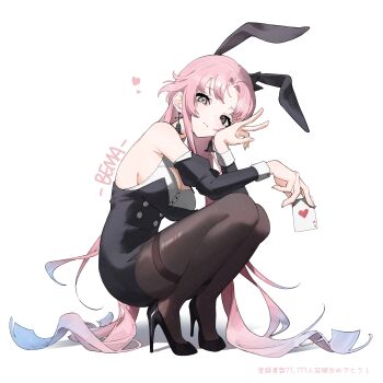 1girl absurdres alternate_costume animal_ears bema_(sinsekai) black_eyes black_pantyhose blue_hair breasts buttons card cleavage_cutout clothing_cutout diamond_(shape) earrings fake_animal_ears flower_earrings grey_eyes grey_nails heart heterochromia high_heels highres holding holding_card jewelry kamitsubaki_studio large_breasts light_smile long_hair looking_at_viewer momori0118 multicolored_hair pantyhose parted_bangs pink_hair playboy_bunny rabbit_ears sidelocks sinsekai_record straddling very_long_hair wrist_cuffs