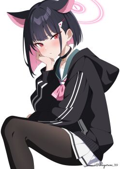 1girl absurdres animal_ears black_choker black_hair black_hoodie black_pantyhose blue_archive blush cat_choker cat_ears choker closed_mouth collarbone colored_inner_hair extra_ears green_sailor_collar hair_behind_ear hair_ornament hairclip halo hand_on_own_cheek hand_on_own_face highres hood hoodie kazusa_(blue_archive) long_sleeves looking_at_viewer medium_hair multicolored_hair neckerchief pantyhose pink_eyes pink_hair pink_halo pink_neckerchief pleated_skirt sailor_collar school_uniform serafuku shiguren_39 simple_background skirt solo thighs twitter_username two-tone_hair white_background white_serafuku white_skirt