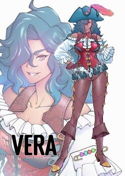 Rule 34 | 1girl, belt, bicorne, blue belt, blue hair, blue hat, boots, breasts, brown boots, brown gloves, brown pants, character name, cleavage, closed mouth, collarbone, commentary, commission, dark-skinned female, dark skin, english commentary, frilled shirt, frills, full body, gloves, hair over one eye, hand on own hip, hat, highres, long hair, long sleeves, looking at viewer, medium breasts, mole, mole under mouth, multiple views, one eye covered, original, pants, parted bangs, pirate, red eyes, red shirt, shirt, smile, studionice2011, two-tone shirt, white shirt