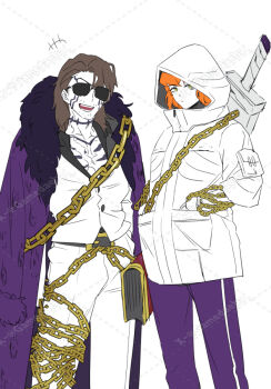 1boy 1girl :d artist_name beard_stubble belt black_belt black_suit book brown_hair chain chain_around_arm chain_around_leg chest_tattoo coat coat_on_shoulders commentary_request cowboy_shot curtained_hair daeha_lcb facial_hair facial_tattoo formal_clothes freckles fur-trimmed_coat fur_trim gregor_(project_moon) hands_in_pockets highres hood hood_up ishmael_(project_moon) jacket korean_commentary limbus_company medium_hair middle_(identity)_(project_moon) open_clothes open_coat open_mouth orange_hair pants project_moon purple_coat purple_pants smile standing stubble suit suit_jacket tattoo tinted_eyewear two-sided_fabric two-sided_jacket watermark weapon weapon_on_back white_background white_jacket white_pants white_suit