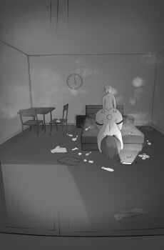 1boy 1girl :o age_difference animal_ears ass bed bedroom blush breast_press breasts clothed_female_nude_male clothed_sex condom condom_on_penis fake_animal_ears fishnet_thighhighs fishnets grabbing_another's_ass grabbing_from_behind groping hannyasan huge_ass huge_breasts medium_hair monochrome nude on_bed original partially_undressed phone sex sex_from_behind shota sitting size_difference sweat thighhighs top-down_bottom-up used_condom used_condom_on_penis