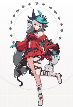 Rule 34 | 1girl, angelfish, aqua gloves, aqua hat, arknights, ascot, bare shoulders, black ascot, boots, breasts, clothing cutout, detached sleeves, dress, fish, gamepix, gloves, grey hair, hashtag-only commentary, hat, leg ribbon, long hair, looking at viewer, low-tied long hair, medium breasts, navel, navel cutout, official alternate costume, pixel art, red dress, red eyes, ribbon, skadi (arknights), skadi the corrupting heart (arknights), sleeveless, sleeveless dress, solo, white boots