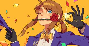 1girl a_hat_in_time aged_up alternate_costume black_gloves blue_eyes bow bowtie brown_hair collared_shirt commentary confetti diamond_(gemstone) english_commentary flower flower_in_mouth gem glint gloves hair_bow hat hat_kid highres holding holding_gem holding_unworn_clothes holding_unworn_hat jacket long_hair long_sleeves looking_at_viewer one_eye_closed open_mouth ponytail purple_hat purple_jacket ratbuchet red_flower red_rose rose shirt sidelocks smile solo suit_jacket teeth unworn_hat unworn_headwear upper_body white_shirt yellow_background yellow_bow yellow_bowtie yellow_gemstone