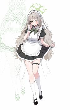 Rule 34 | 1girl, absurdres, alternate costume, apron, black dress, blue archive, bow, commentary request, dress, enmaided, frilled thigh strap, grey hair, hair bow, hair ribbon, halo, ham (hamparty), highres, kneehighs, long hair, looking at viewer, maid, maid apron, maid headdress, miyo (blue archive), ribbon, skirt hold, socks, thigh strap, very long hair, white apron, white bow, white ribbon, white socks