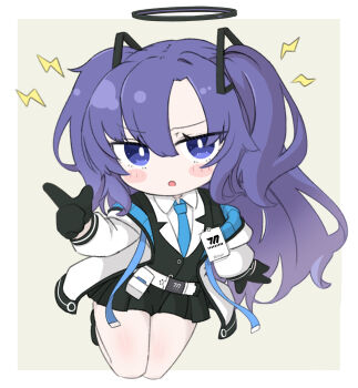 1girl :o black_gloves black_jacket black_skirt blue_archive blue_necktie blush_stickers border commentary_request gloves grey_background hair_between_eyes halo hand_up highres index_finger_raised jacket lightning_bolt_symbol long_hair looking_at_viewer miranofuudoria necktie off_shoulder open_clothes open_jacket parted_lips pleated_skirt purple_eyes purple_hair shirt skirt solo two_side_up very_long_hair white_border white_jacket white_shirt yuuka_(blue_archive)