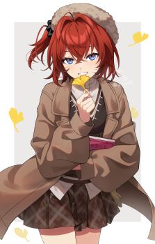 1girl 3iiroo alternate_costume ange_katrina autumn_leaves black_scrunchie blue_eyes blush book border brown_coat brown_hat brown_skirt brown_vest coat commentary_request crossed_bangs falling_leaves fur_hat ginkgo_leaf grey_background grin hair_between_eyes hair_intakes hair_ornament hair_scrunchie hand_up hat highres holding holding_book holding_leaf lapels leaf long_sleeves looking_at_viewer medium_hair miniskirt nijisanji notched_lapels one_side_up open_clothes open_coat outside_border plaid_clothes plaid_skirt pleated_skirt puffy_long_sleeves puffy_sleeves red_hair scrunchie shirt skirt smile solo twitter_username vest virtual_youtuber watermark white_border white_shirt yellow_leaves