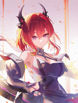 1girl absurdres arknights arknights:_endfield bare_shoulders black_coat black_dress black_gloves black_horns breasts cleavage coat commentary dress gloves highres horns hyin laevatain_(arknights) large_breasts long_hair looking_at_viewer purple_eyes red_hair solo surtr_(arknights) very_long_hair