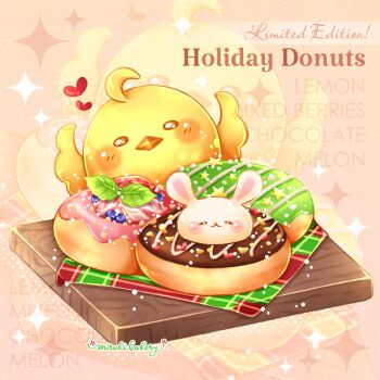 animal_focus artist_name baby_animal beak bird blueberry blush_stickers brown_eyes chick chocomiruki closed_eyes commentary_request cutting_board donut english_text food food_focus fruit halftone heart icing in_food leaf light_particles napkin no_humans orange_background original rabbit sparkle sprinkles star_(symbol) strawberry strawberry_slice zoom_layer