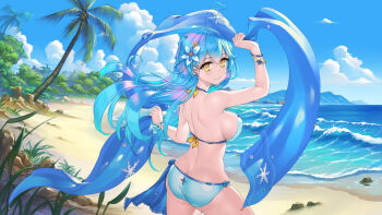 1girl aqua_bikini bare_shoulders beach bikini blue_flower blue_hair blue_sky bracelet braid breasts closed_mouth cloud commentary_request crazypen flower gradient_hair hair_between_eyes hair_flower hair_ornament holding hololive jewelry large_breasts looking_at_viewer looking_back multicolored_hair palm_tree pink_hair sand sky smile snowflake_print solo swimsuit tree virtual_youtuber yellow_eyes yukihana_lamy