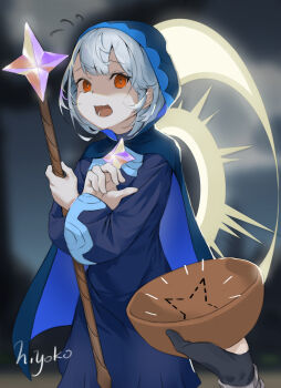 2girls absurdres artist_name black_gloves blessing_of_the_welkin_moon blue_cloak blue_dress blunt_bangs blurry blurry_background bowl cloak commentary_request crescent dress female_pov flying_sweatdrops friends genshin_impact gloves grey_hair hair_between_eyes hand_up heayoko highres holding holding_bowl holding_staff hood hood_up hooded_cloak long_sleeves looking_at_viewer looking_to_the_side lumine_(genshin_impact) moon multiple_girls open_mouth outdoors pov pov_hands primogem red_eyes scared shade shaded_face short_hair solo_focus staff standing sun upper_body wide_sleeves