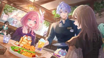 3boys 4girls absurdres ahoge anaxa_(honkai:_star_rail) apron black_apron black_dress black_hair blue_eyes castorice_(honkai:_star_rail) chimera_(honkai:_star_rail) commentary cup cyrene_(aedes_elysiae)_(honkai:_star_rail) cyrene_(honkai:_star_rail) dan_heng_(honkai:_star_rail) dress drink dromas_(honkai:_star_rail) english_commentary food green_shirt grey_hair highres honkai:_star_rail honkai_(series) indoors multiple_boys multiple_girls phainon_(honkai:_star_rail) pink_hair purple_hair purple_sweater restaurant second-party_source shirt short_hair smile stelle_(honkai:_star_rail) sweater tanemaki_monaka trailblazer_(honkai:_star_rail) white_hair yellow_eyes