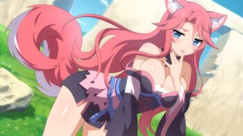 1girl animal_ears blue_eyes dutch_angle fox_ears fox_tail game_cg japanese_clothes kimono licking_own_finger looking_at_viewer official_art outdoors pink_hair sakura_dungeon solo standing tail tongue wanaca yomi_(sakura_dungeon)