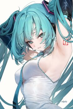 1girl absurdres aqua_eyes aqua_hair aqua_necktie armpits arms_behind_head arms_up bare_shoulders black_sleeves breasts button_gap collared_shirt detached_sleeves freng hair_ornament hatsune_miku headphones highres long_hair looking_at_viewer medium_breasts necktie parted_lips presenting_armpit shirt shoulder_tattoo simple_background sleeveless sleeveless_shirt solo tattoo twintails upper_body vocaloid white_background white_shirt x_hair_ornament