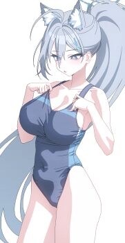 1girl absurdres adjusting_clothes adjusting_swimsuit ahoge alternate_costume alternate_hairstyle animal_ear_fluff bags_under_eyes bare_arms bare_shoulders blue_archive breast_suppress breasts bright_pupils cleavage collarbone competition_swimsuit contrapposto cosplay covered_navel cowboy_shot cross cross_hair_ornament dot_nose double-parted_bangs extra_ears eyes_visible_through_hair grey_hair grey_halo grey_one-piece_swimsuit hair_behind_ear hair_between_eyes hair_ornament halo high_ponytail highleg highleg_one-piece_swimsuit highres holding_strap inverted_cross large_breasts light_blush long_hair long_hair_between_eyes looking_at_breasts looking_down mismatched_pupils one-piece_swimsuit pang_fare parted_lips ponytail self_cosplay shiroko_(blue_archive) shiroko_(blue_archive)_(cosplay) shiroko_(swimsuit)_(blue_archive) shiroko_terror_(blue_archive) simple_background single_hair_intake solo standing swimsuit taut_clothes taut_swimsuit thighs tsurime very_long_hair white_background white_pupils